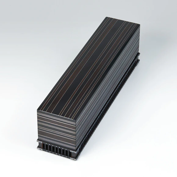 Box of ebony with horizontal stripe design in silver inlay and stud decoration.