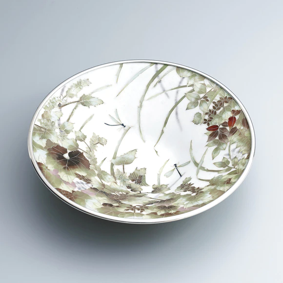 Cloisonne ornamental bowl with flowering plant design. “Damselfly”