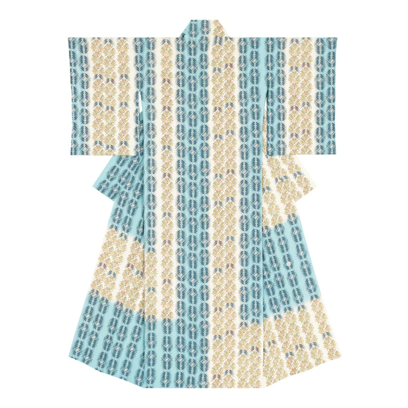 Kimono with sarasa pattern in woodblock printing. “Center of yellow flower” 