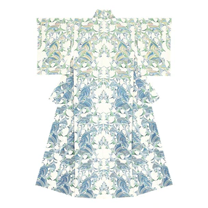 Kimono with design in stencil resist picture dyeing. “Thistle”