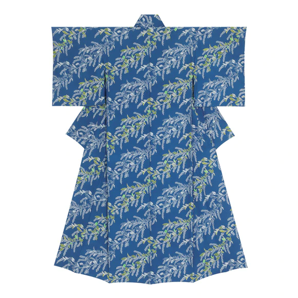 Kimono with design in indigo stencil resist dyeing. “Wind
