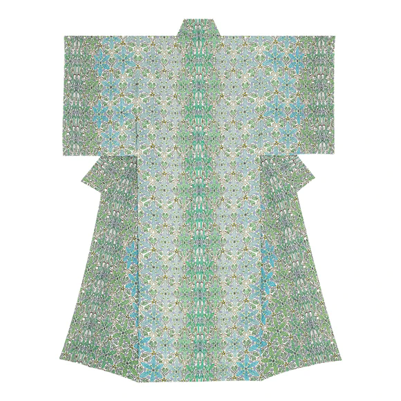 Kimono with design in stencil resist picture dyeing. “Story”