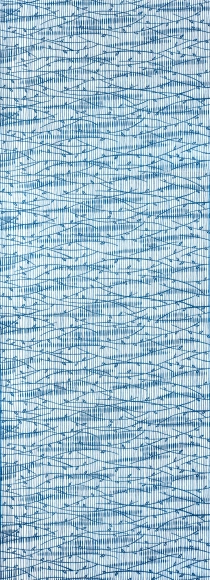Linen cloth for kimono with design in nagaita-chūgata. “Cattail stripes and bush clover pattern”