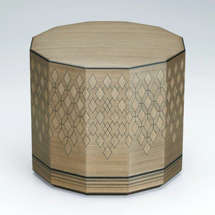 Twelve-sided Box of Jindai Cedar Wood with Design in Colored Wood Line Inlay