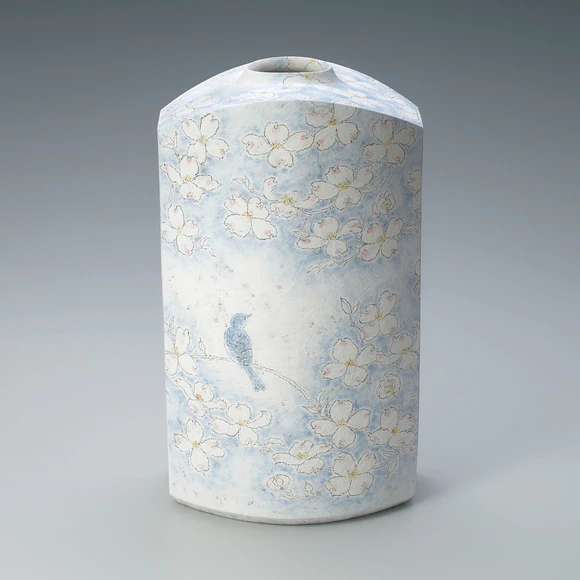 Jar with design in chalk drawing. “Dogwood and blue bird”