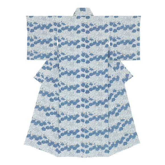 Kimono with design in indigo stencil resist dyeing. “Flower garden of galaxy”