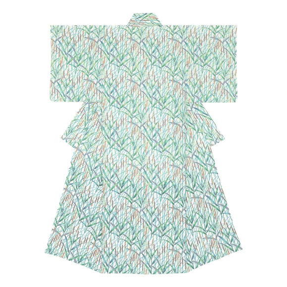 Kimono with design in stencil-resist picture dyeing. “Brief rain shower”