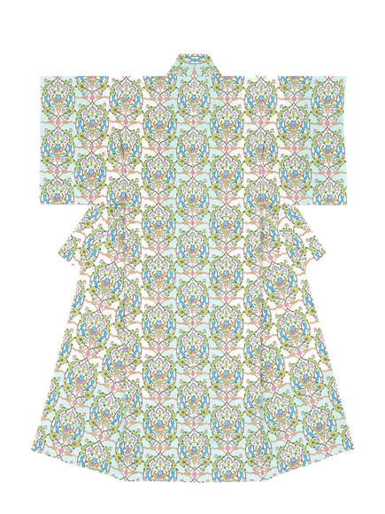 Kimono with Design in Stencil Resist Picture Dyeing “Visiting Flowers on a Fine Day”