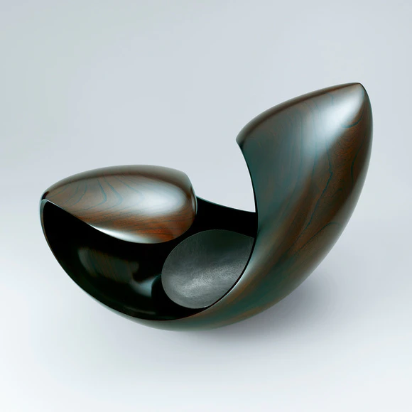Flower vessel of zelkova wood finished in wiped urushi. “Drifting”