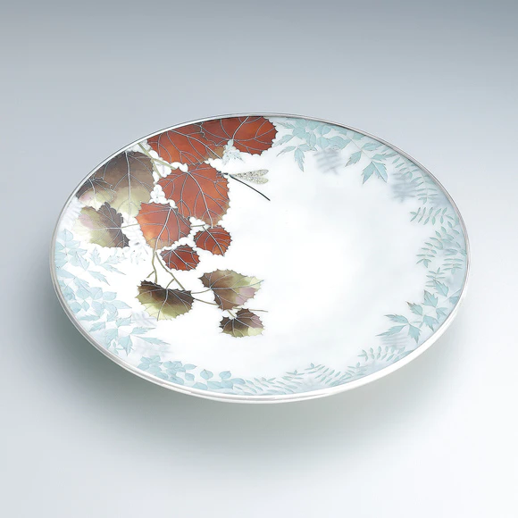 Cloisonne ornamental dish with flowering plant and damselfly design. “In the morning mist”