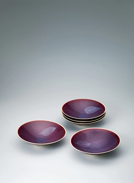 photo Set of Bowls with Jun Ware Glaze and Leaf Design