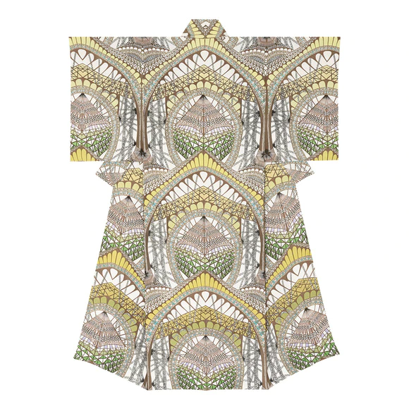 Kimono with design in stencil resist picture dyeing. “Story about a tower”