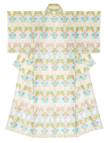 Kimono with Design in Stencil Resist Picture Dyeing “Silky Wisteria Blooming Closely”
