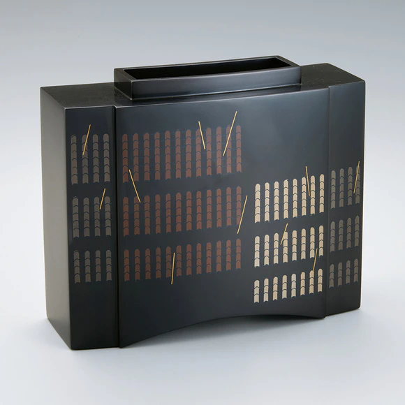 Flower vessel with roof tile design in inlay. “Waves of roof tiles”