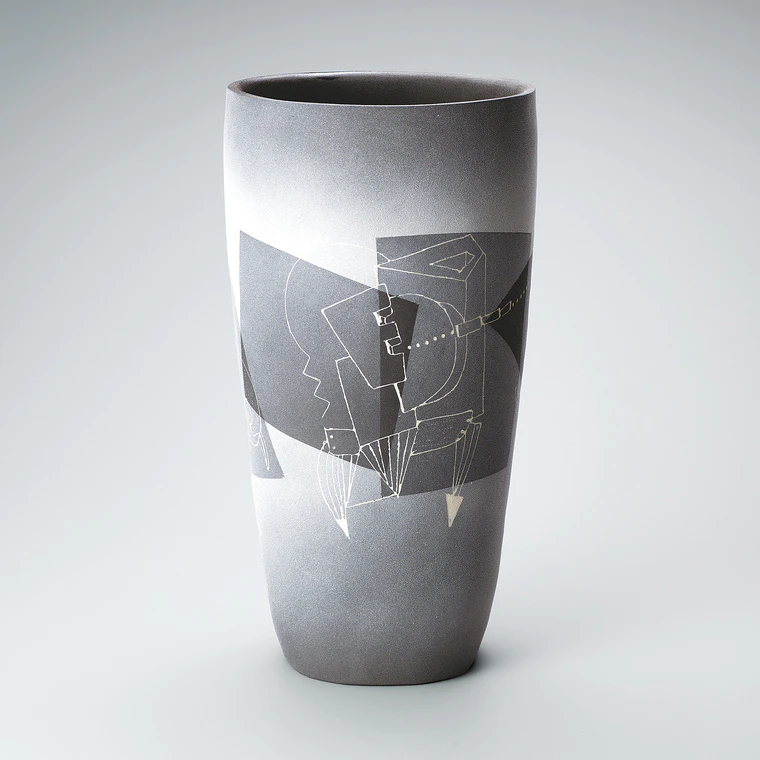 photo Jar with black painting and inlay decoration. “Dance in the midnight”