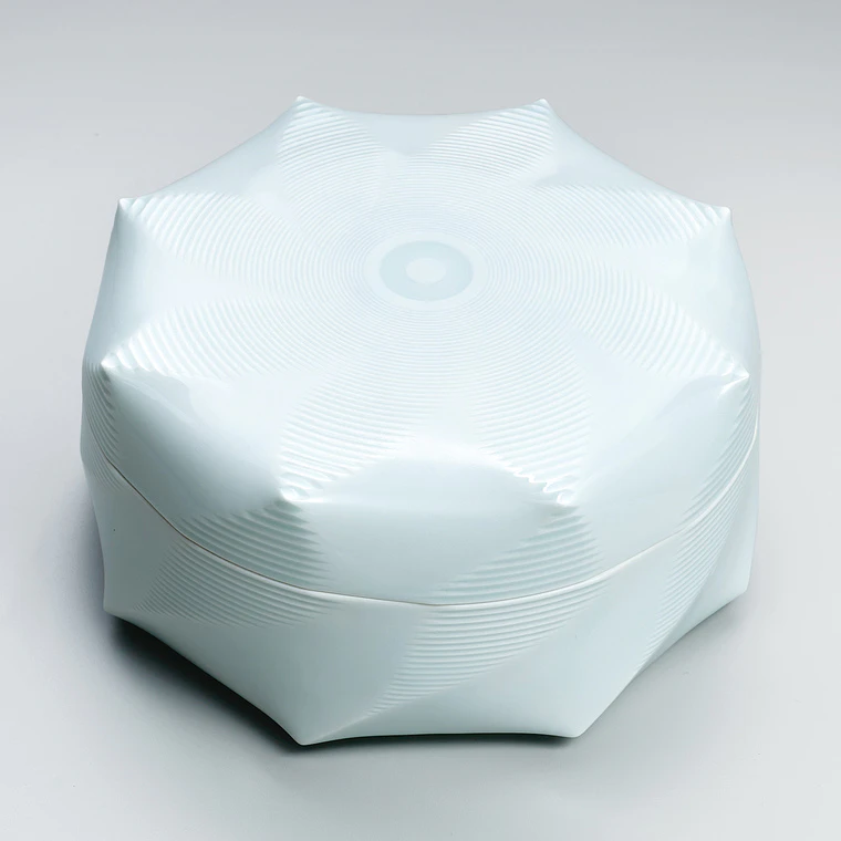 photo White porcelain covered food box with water and ice design.