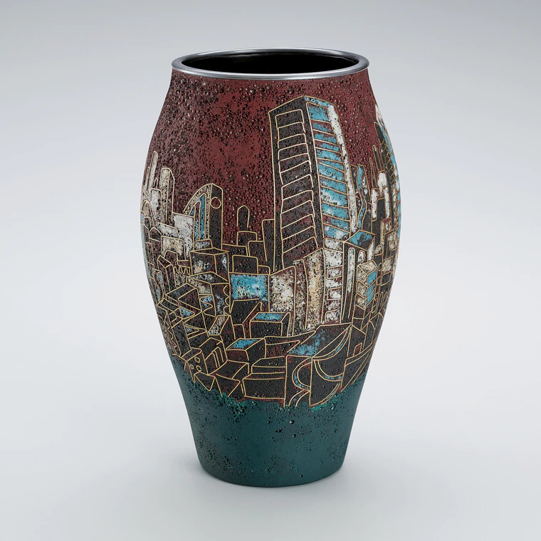 photo Opaque cloisonne covered jar. “Evening glow”