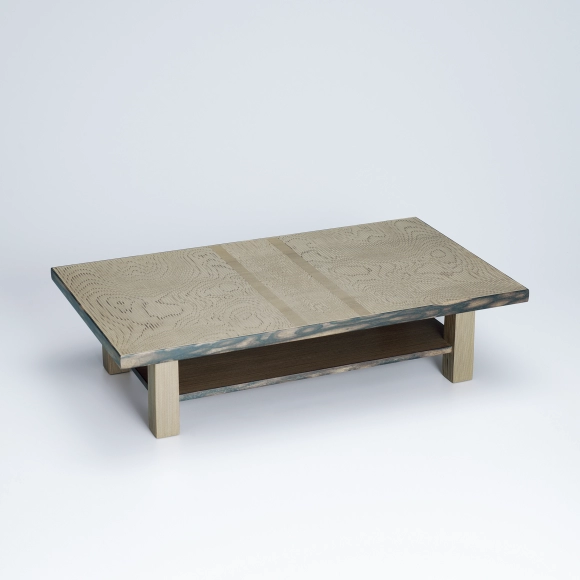 Two tiered table of jindai cedar wood with straight grain inlaid with flat grain wood.