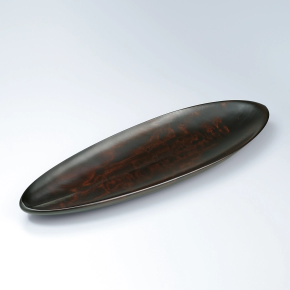 Dish of horse chestnut wood dyed with sappanwood juice and finished in wiped urushi.