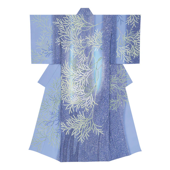 Formal kimono with design in yūzen dyeing. “Furōju cedar tree”
