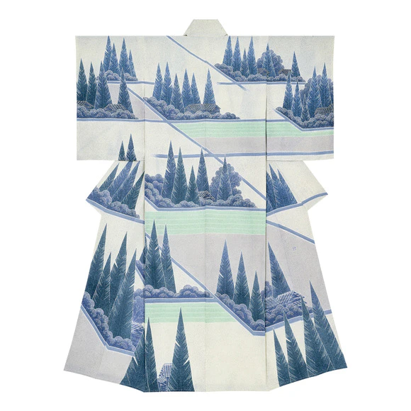 Formal kimono with design in yūzen dyeing. “Rice paddy tillage”