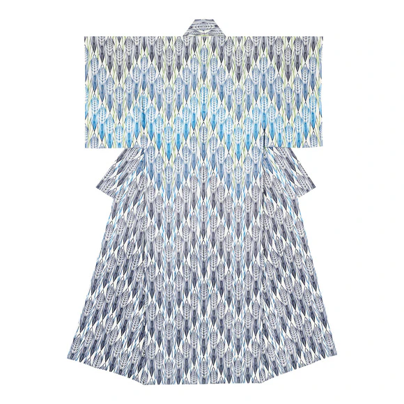 Kimono with design in stencil-resist picture dyeing. “Sound of wind”