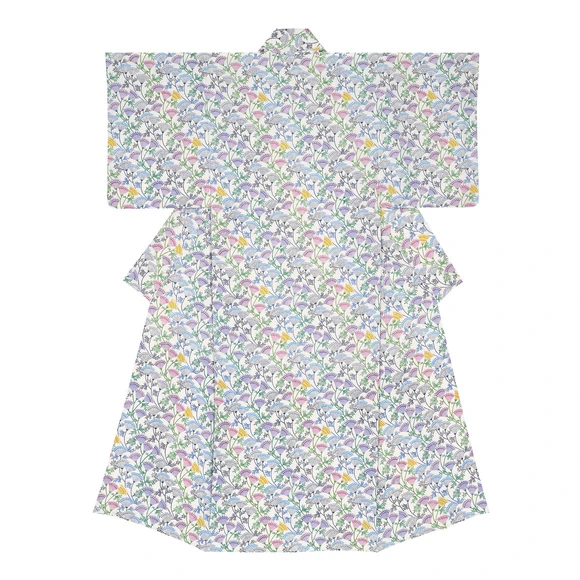 Kimono with design in stencil-resist picture dyeing. “Fine weather during the chrysanthemum season”
