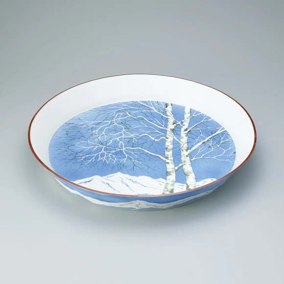 Bowl with winter mountain and white birch design.