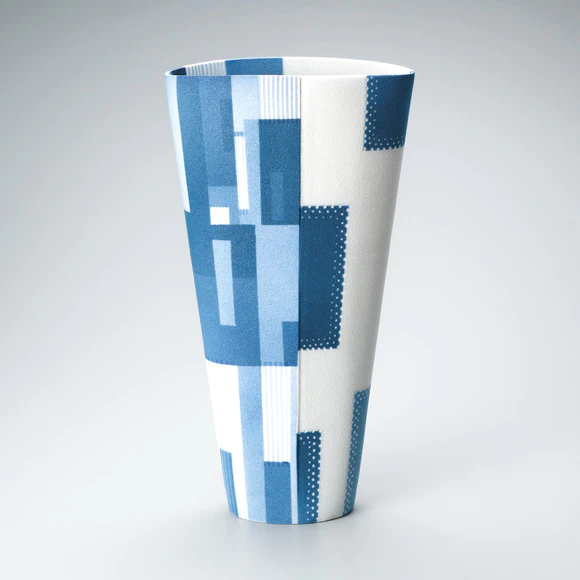 Jar in irregular shape with design in sprayed underglaze