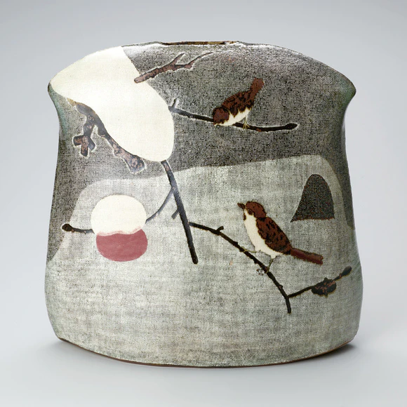 Jar in irregular shape with design of fruit left unpicked attracting a sparrow.