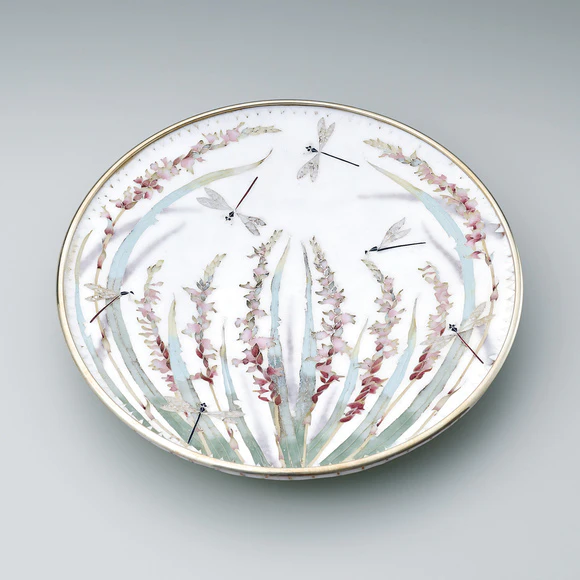Cloisonne decorative plate with design of flowering plants and damselflies. “Flying in a circle”