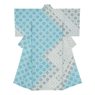 Woodblock Printed Sarasa Kimono "Blue Cluster"
