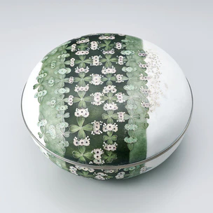 Cloisonne covered bowl. “Dews on grass”