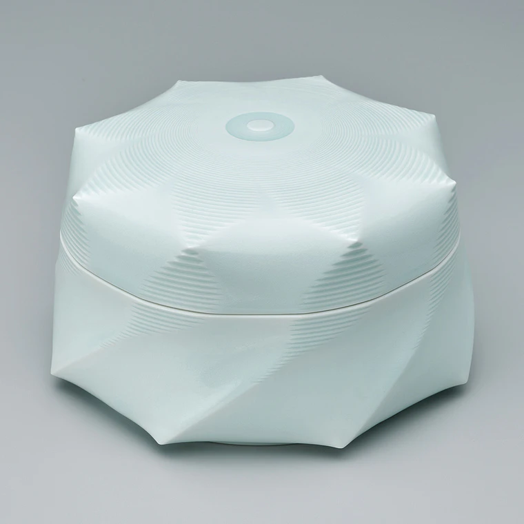 photo White porcelain covered food box with water and ice design