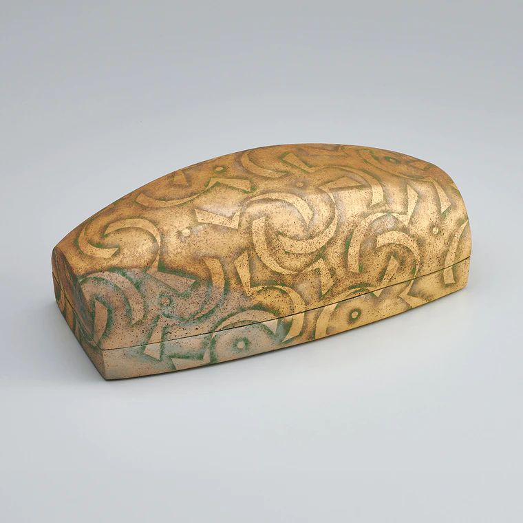 photo Box with gold brocade-like decoration on light green ground