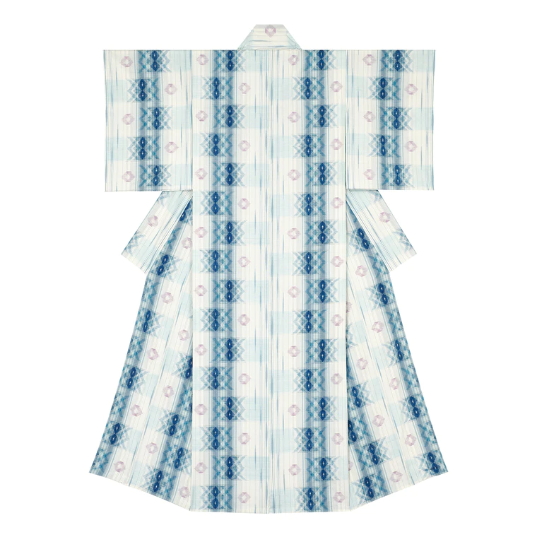 photo Kimono of tsumugi with kasuri “Cluster of cherry blossom petals floating on river”
