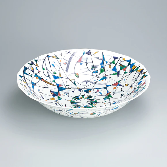 Bowl with geometric design in overglaze enamel