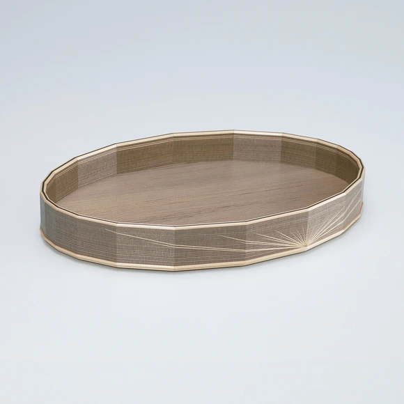Tray of jindai cedar wood for sweets made by cutting and bending work with wood inlay