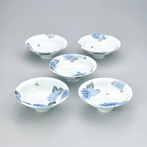 Set of bowls with hydrangea and butterfly design in underglaze blue and overglaze frit pigments