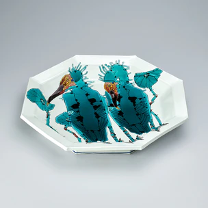 Large octagonal decorative plate with Japanese crested ibis design