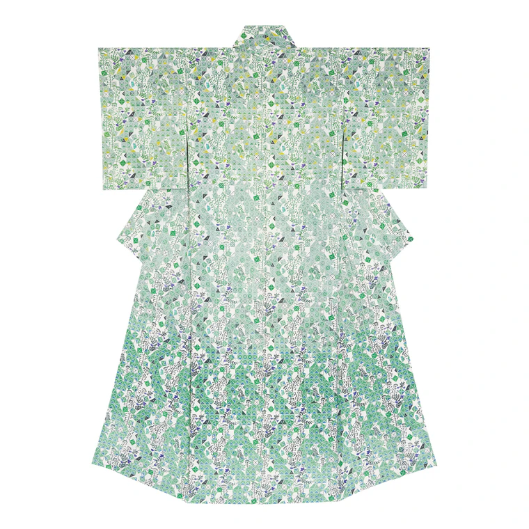 photo Kimono with design in stencil-resist picture dyeing. “Piling magic” 