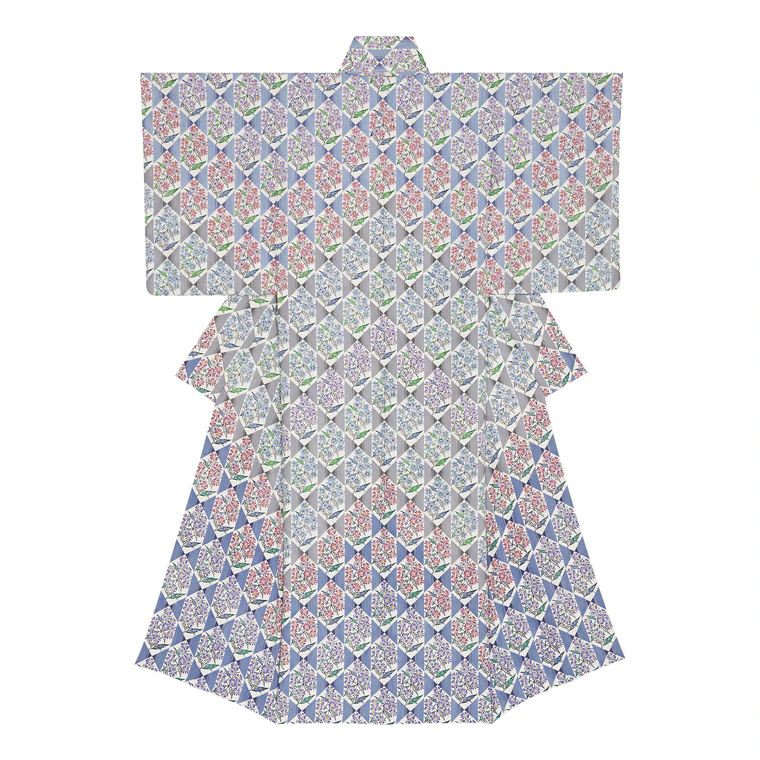 photo Kimono with design in stencil-resist picture dyeing. “Nokongiku flower”