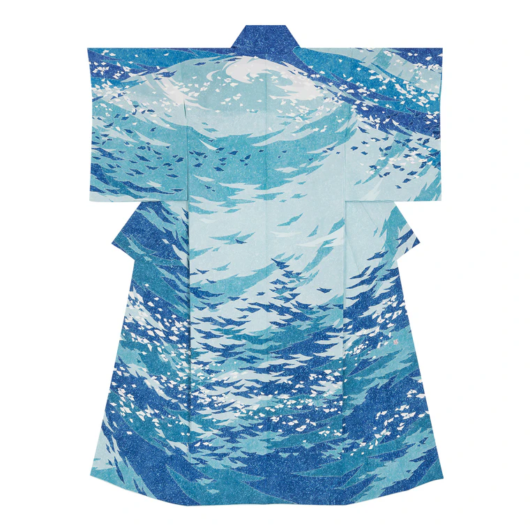 photo Formal kimono with design in yūzen dyeing. “Looking at the sky”