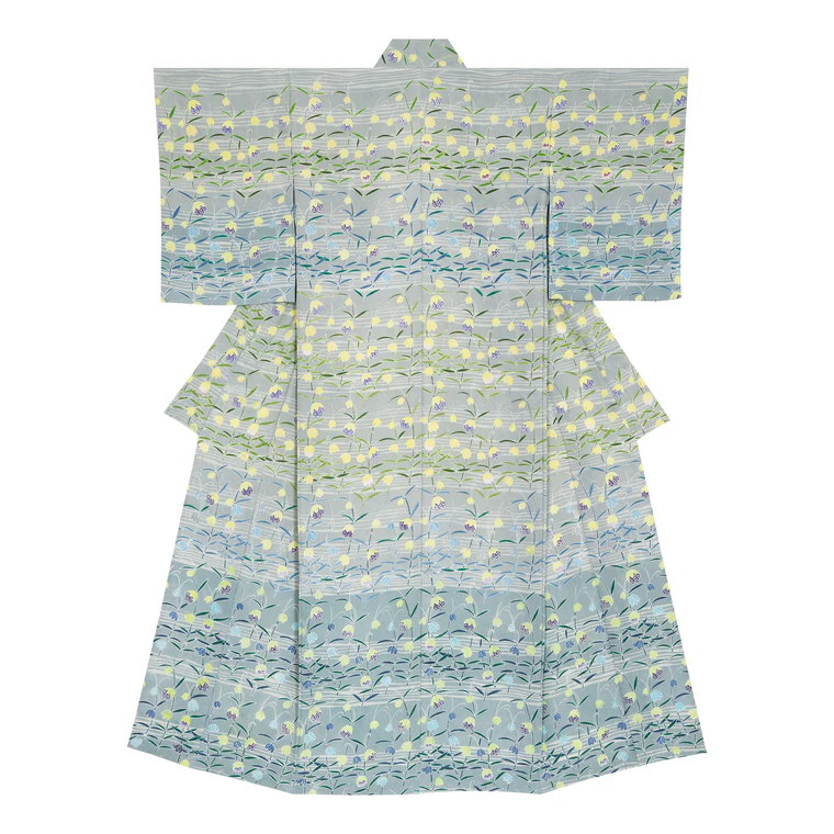 photo Kimono with design in stencil resist dyeing with hazy effects. “Early spring song”