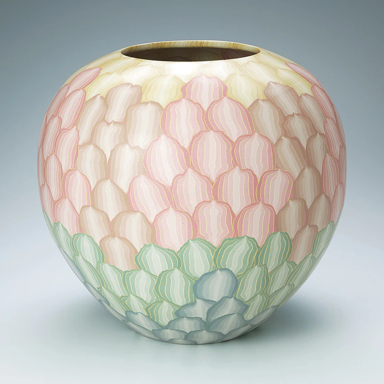 photo Large marbled ware jar with muku tree ash glaze.