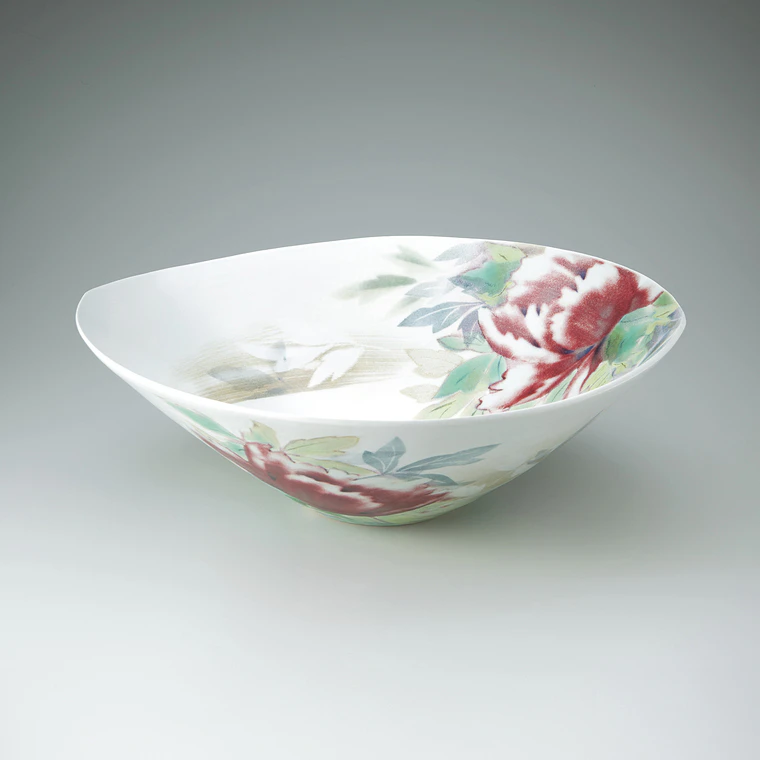photo Bowl with peony design in colored glazes. “Summer breeze”