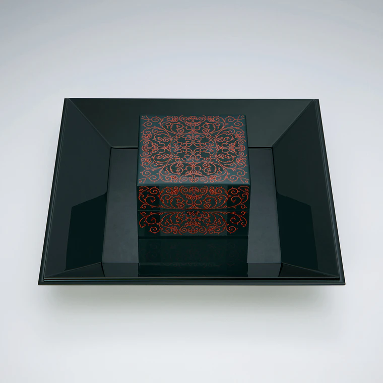 photo Box with design in chinkoku. “Joy”  Accompanying object: Square tray