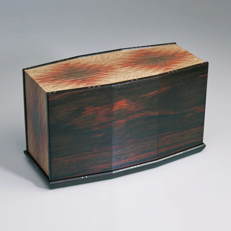 photo Box of red sandal wood with marquetry design. “Autumn ends”