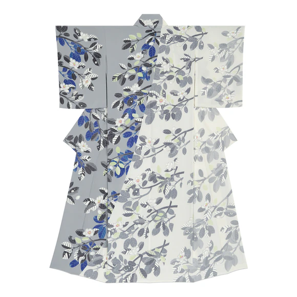 Formal kimono with design in yūzen dyeing. “Forest of deep blue”