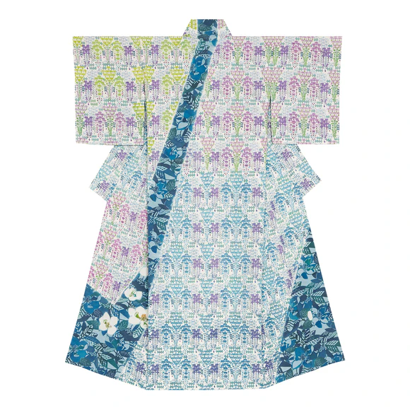 Kimono with design in stencil-resist picture dyeing. “Flowers of tree and shrub” 